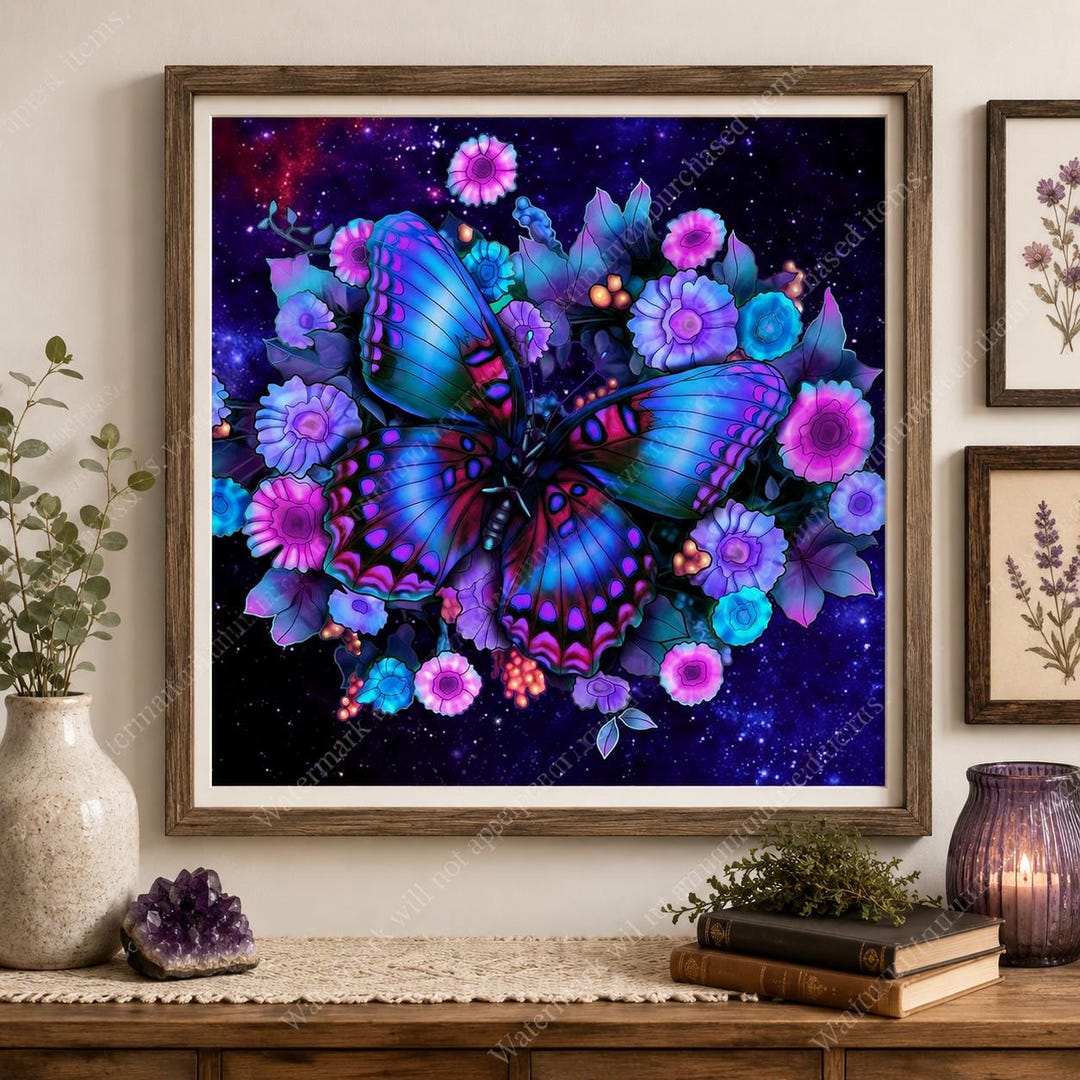 Cosmic Butterfly Floral Art, Neon Galaxy Print, Fantasy Decor