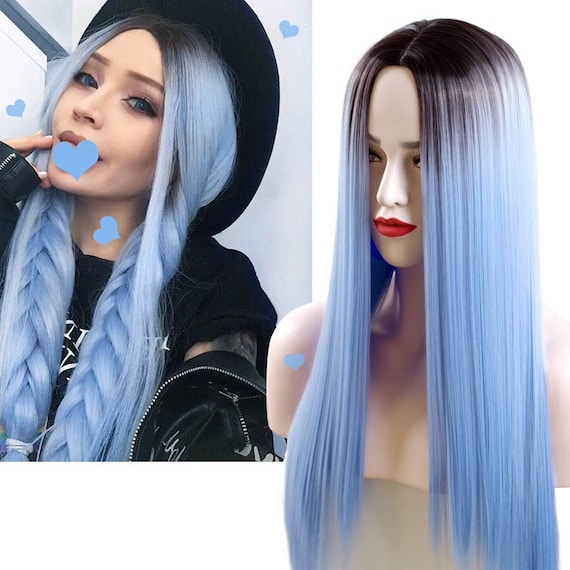 Ice Blue Queen Black Ombre Hand Dyed Top Quality Heat Resistant Synthetic Fiber 26 Trendy Wig Beautiful Daily Wear Human Hair Feel Etsy Canada