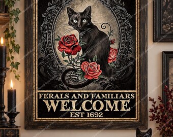 Salem Sanctuary for Wayward Cats Printable, Vintage Black Cat Gothic Wall Art, Witchy Halloween 8.5x11 PNG Download