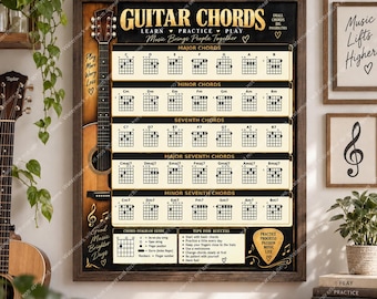 Guitar Chords Chart Wall Art, Guitar Practice Guide, Music Teacher Gift, Music Room Decor, Guitar Player Gift