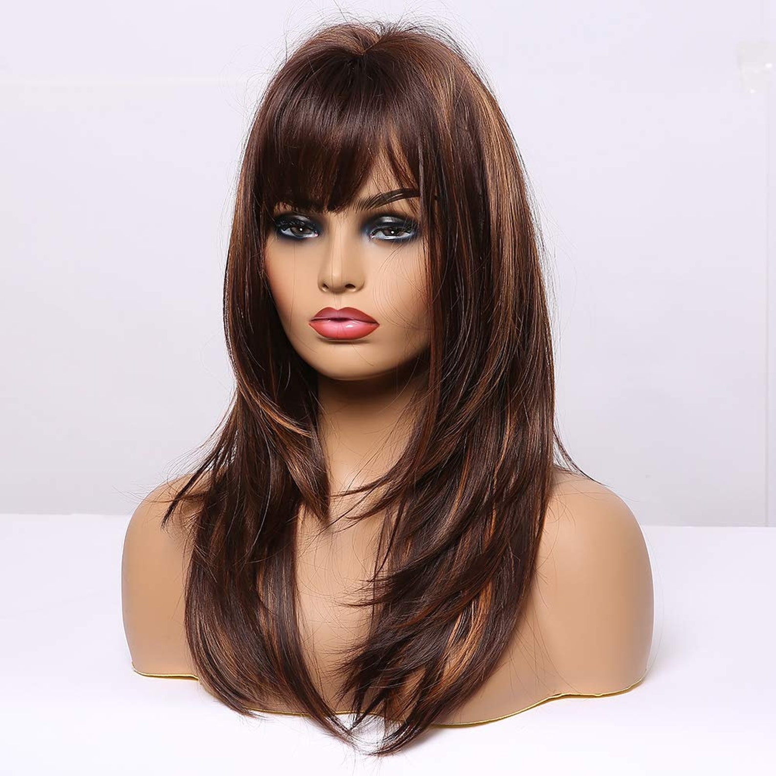 Highlight Brown Layered Synthetic Wig with Curtain Bangs Long Etsy