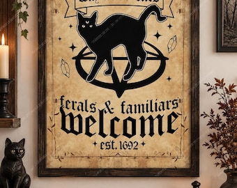 Salem Sanctuary for Wayward Cats Printable, Vintage Witchy Black Cat Wall Art, Gothic Halloween 8.5x11 PNG Digital Download