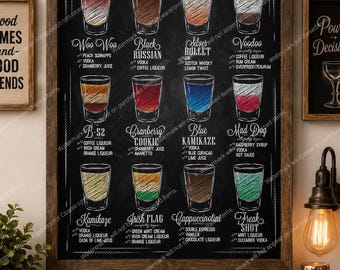 Vintage Shots Menu Bar Print, Cocktail Recipes Poster, Chalkboard Wall Art (Digital Download)