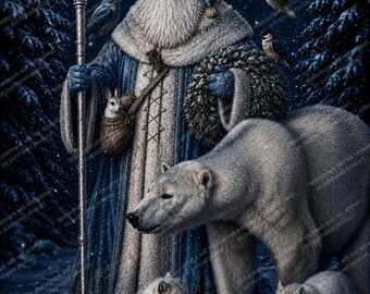 Winter Father Christmas Wall Art, Choice of 5 Santa Snowy Woodland Prints, Polar Bear Wolf Rabbit Holiday Decor