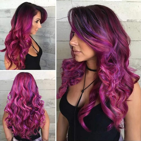 Beautiful Unique Natural Looking Magenta Purple Pink Mixed Ombre Hand Dyed 22 Human Hair Look and Feel Trendy Wig Etsy