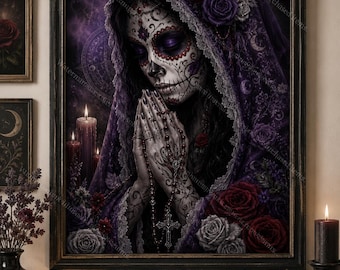 Gothic Sugar Skull Prayer Woman Wall Art, Dark Purple Rose Decor, Witchy Floral Portrait, Day of the Dead Print