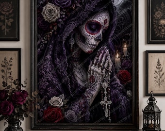 Gothic Day of the Dead Woman Art Print, Purple Rose Sugar Skull Wall Decor, Dark Floral Gothic Digital Download PNG