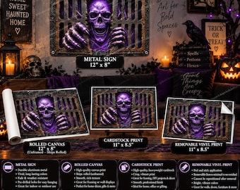 Purple Skull Prison Wall Art, Gothic Skeleton Horror Decor, Dark Fantasy Halloween Print, Metal Sign, Canvas Wall Art