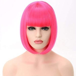 Hot neon pink | straight bob with straight bangs | hand dyed | synthetic 12" wig | stand out from the crowd | rave and cosplay | ready to go