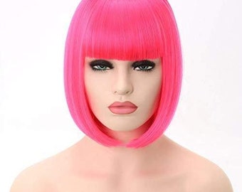 Neon Pink Bob Wig: Hand-Dyed Synthetic Hair, Straight Bangs