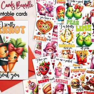 Paquete de tarjetas imprimibles con divertidos juegos de palabras para San Valentín, imágenes prediseñadas, gráficos de sublimación, diarios basura digitales, álbumes de recortes, tarjetas personalizadas para crear uno mismo