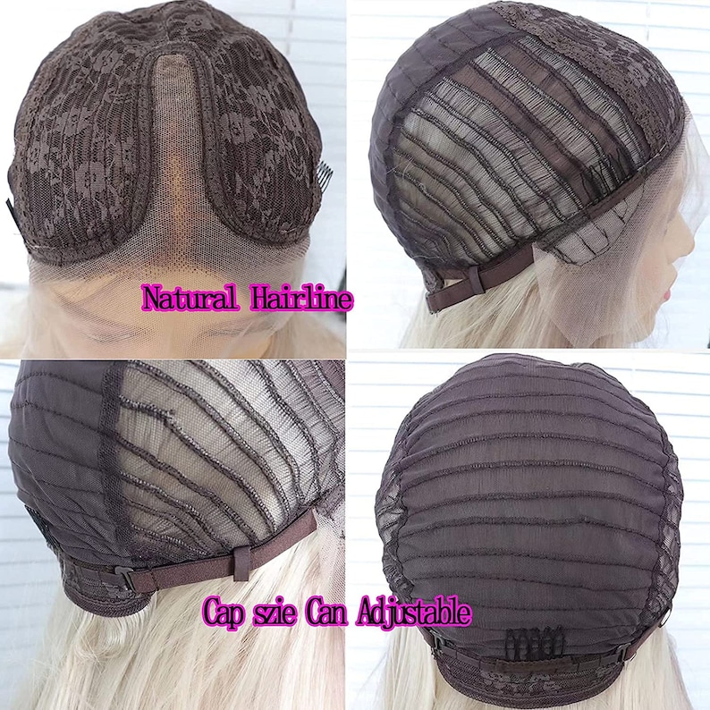 May include: Close-up of the inside of a brown wig cap. The cap has an adjustable strap and a natural hairline. The text "Natural Hairline" and "Cap size Can Adjustable" are visible.