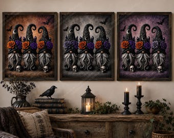Gothic Witch Gnome PNG Bundle, 3 Halloween Gnome Digital Downloads, Witchy Gnome Art, Occult Halloween Printable