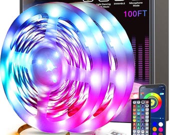 100ft RGB LED Strip Lights: Music Sync, App Bluetooth Control, Dimmable Mood Lighting