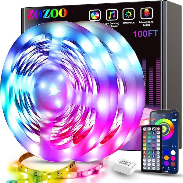 100ft RGB LED Strip Lights: Music Sync, App Bluetooth Control, Dimmable Mood Lighting