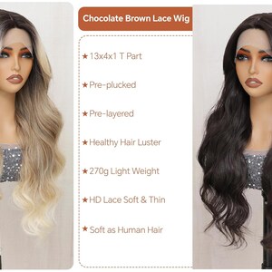 May include: Two lace front wigs, one ombre blonde and one chocolate brown. Both wigs are pre-plucked, pre-layered, and have a 13x4x1 T part. The wigs are made of soft, thin HD lace and weigh 270 grams.