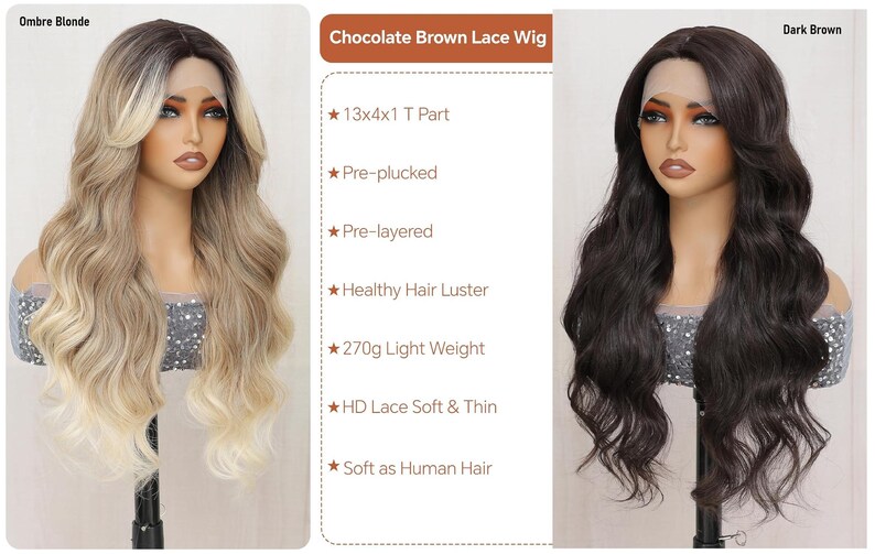 May include: Two lace front wigs, one ombre blonde and one chocolate brown. Both wigs are pre-plucked, pre-layered, and have a 13x4x1 T part. The wigs are made of soft, thin HD lace and weigh 270 grams.