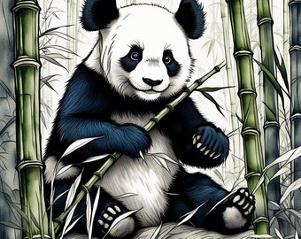 Panda with Bamboo Photographic Print - Stunning Horror Themed Vintage Artwork