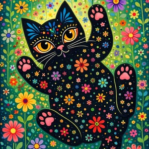 Peut inclure: Illustration fantaisiste d'un chat noir orné de fleurs colorées, sur un fond floral vibrant. Le corps du chat est recouvert de motifs floraux variés, avec des coussinets roses et des yeux jaune vif. L'œuvre est riche en couleurs et en détails.