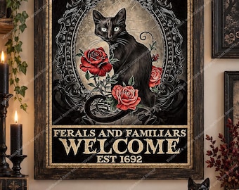 Salem Sanctuary Wayward Cats Wall Art, Gothic Black Cat & Roses, Ferals and Familiars Welcome Witchy Decor