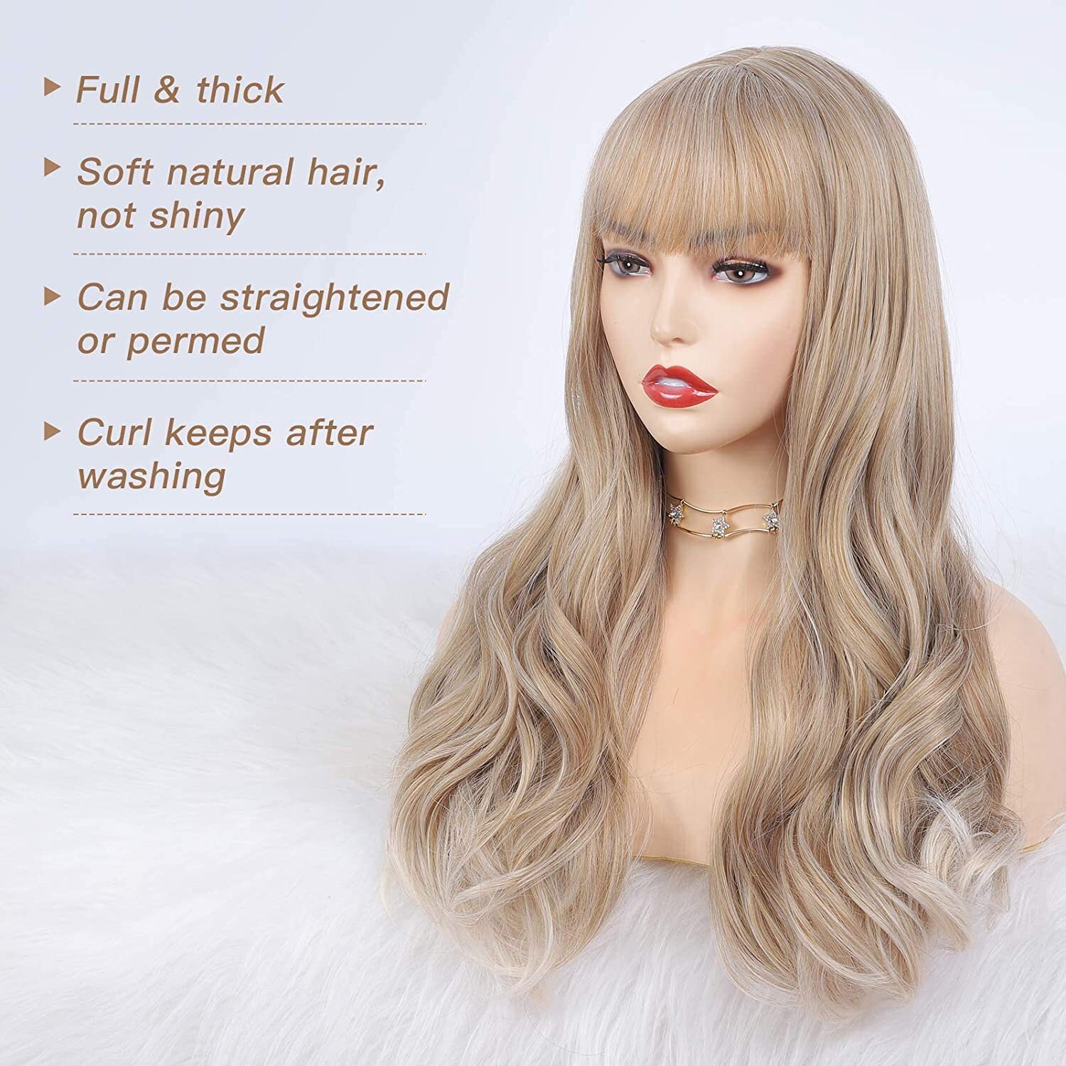 Glamorous Ash Blonde Wig Air Bangs 24 Mixed Color Long Wavy | Etsy