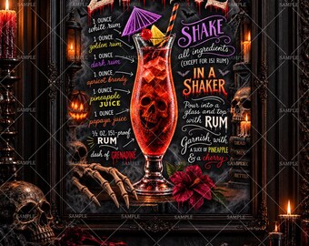 Zombie Cocktail Recipe Wall Art, Halloween Tiki Bar Decor, Gothic Drink Sign, Skull Rum Poster, Spooky Home Bar Art