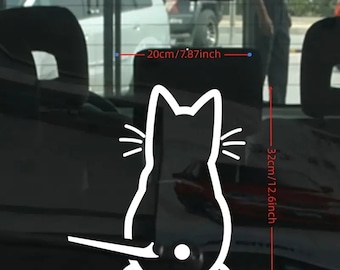 May include: White vinyl sticker of a cat sitting with its tail curled around its body. The sticker is 7.87 inches wide and 12.6 inches tall.