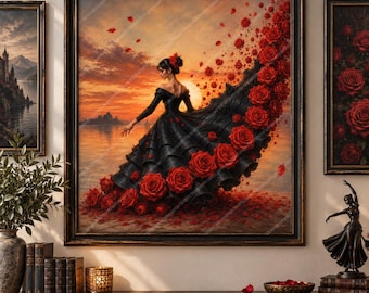 Romantic Red Rose Woman Wall Art PNG, Black Dress Sunset Portrait, Gothic Floral Printable, Dramatic Feminine Digital Art