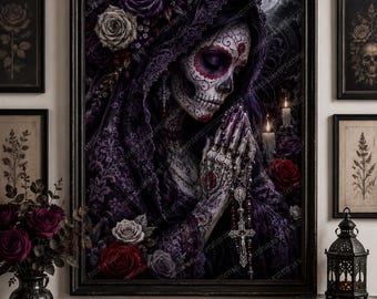 Gothic Sugar Skull Prayer Woman Wall Art, Dark Purple Rose Decor, Witchy Floral Portrait, Day of the Dead Print