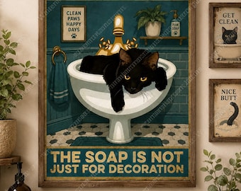Funny Black Cat Wash Your Paws Bathroom Art Print, Vintage Pet Decor (Digital Download)