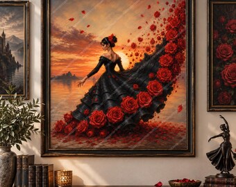 Gothic Woman Red Roses Wall Art, Black Dress Sunset Romance, Dark Floral Victorian Decor, Physical Print Metal Sign Canvas