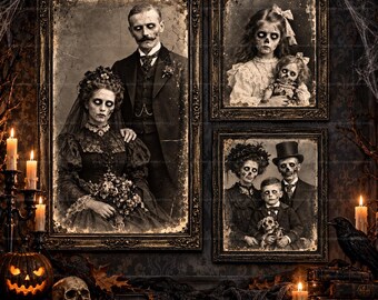 Victorian Gothic Zombie Portrait Set of 3, Creepy Antique Family Wall Art, Halloween Horror Printable PNG Digital Download