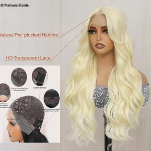 May include: A platinum blonde wig with long, wavy hair. The wig features a natural pre-plucked hairline and HD transparent lace. The wig is shown on a mannequin head.