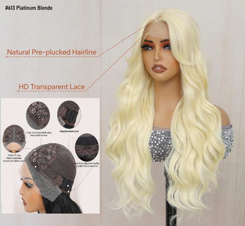 May include: A platinum blonde wig with long, wavy hair. The wig features a natural pre-plucked hairline and HD transparent lace. The wig is shown on a mannequin head.