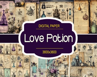 Printable Retro Gothic Mystic Love Potion PNG Sublimation Graphic Digital Paper DIY Junk Journal Scrapbooks Wall Decor Personalized Cards