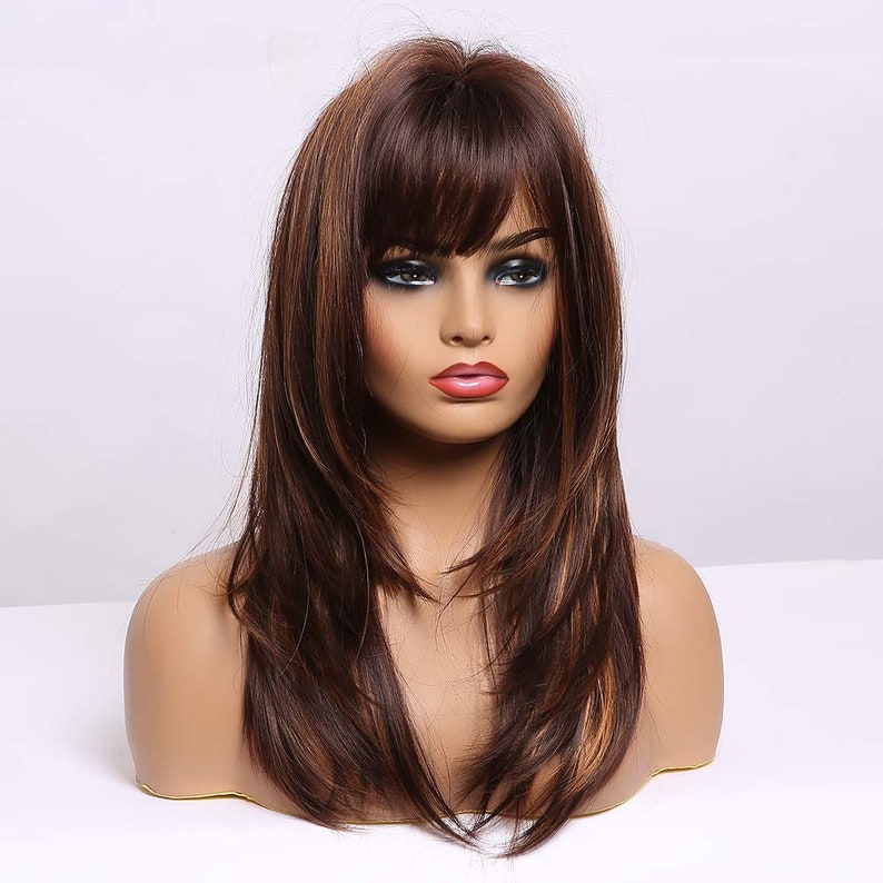 Highlight Brown Layered Synthetic Wig With Curtain Bangs Long Etsy