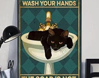 Black Cat Wash Your Hands Sign: Rustic Vintage Style Pet Gift