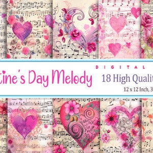 Grafica stampabile per San Valentino, sfondi digitali, texture e immagini, note musicali, pacchetto retrò, 18 immagini HD, carta digitale 12x12" 300 DPI