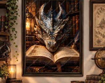 Dark Fantasy Dragon Reading Book Printable Wall Art, Gothic Dragon PNG, Fantasy Library Decor, 8.5x11 Digital Download