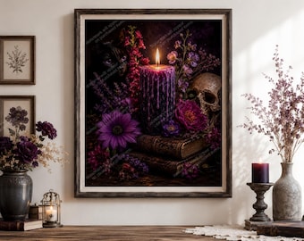 Purple Gothic Witch Candle Wall Art, Black Cat Skull Floral Decor, Dark Academia Halloween Print, Mystical Pagan Artwork