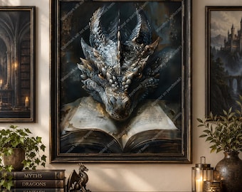 Gothic Dragon Reading Ancient Book Wall Art, Dark Fantasy Library Decor, Medieval Dragon Print, Witchy Book Lover Gift