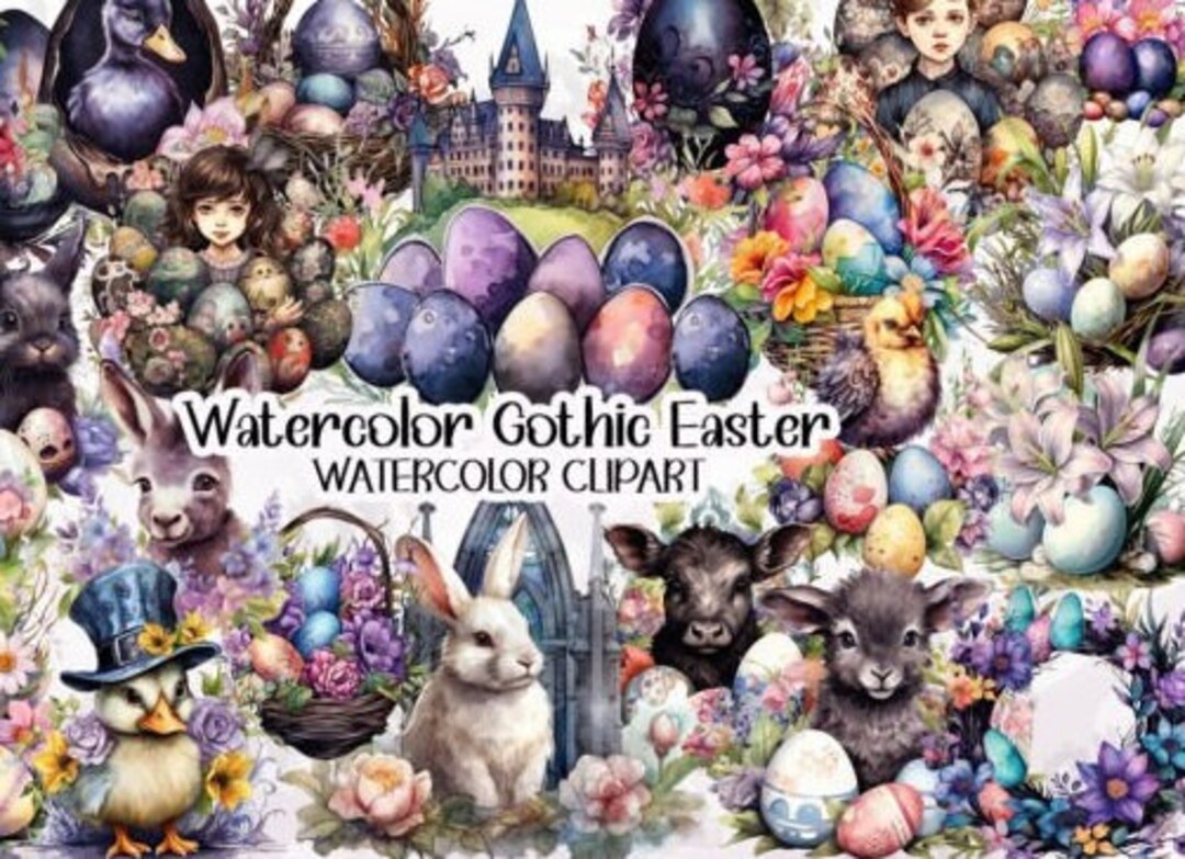 Watercolor Gothic Easter Whimsical Cottage Core Dark Art Clipart PNG ...