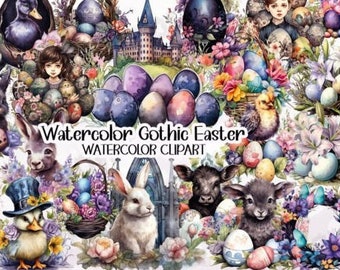 Watercolor Gothic Easter Whimsical Cottage Core Dark Art Clipart PNG Digital Sublimation Download For Junk Journal Scrapbooks Wall decor etc