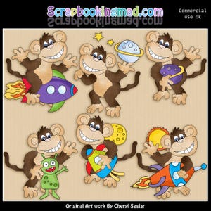 May include: A set of cartoon monkeys with space-themed illustrations. The monkeys are smiling and interacting with rockets, planets, stars, and an alien. The artwork includes the text "Scrapbookingmad.com" and "Original Art work By Cheryl Seslar".