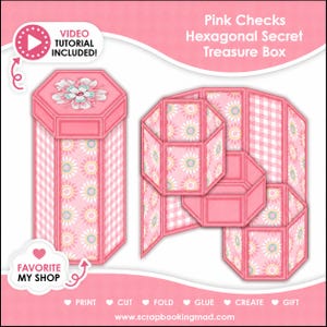 May include: Pink hexagonal treasure box with a floral design on the lid and sides. The box is pink with a gingham pattern and daisy accents. The image includes the text "Pink Checks Hexagonal Secret Treasure Box" and "Video Tutorial Included!"