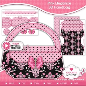 May include: A pink and black 3D handbag design with a polka dot pattern and a bow embellishment. The design includes the text "Pink Elegance 3D Handbag" and "Video Tutorial Included!"