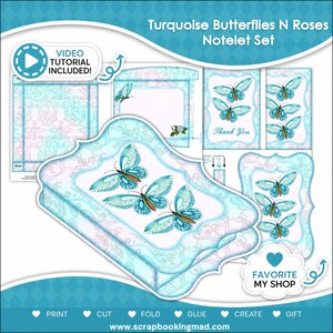 May include: A notelet set with a turquoise butterfly and rose design. The set includes cards, envelopes, and a decorative box. The text "Turquoise Butterflies N Roses Notelet Set" is displayed. The set includes the text "Thank You" on the cards.