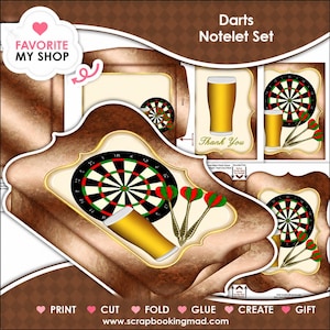 May include: A darts notelet set with a brown and gold frame design. The set includes dartboards, darts, and beer glasses. The text "Darts Notelet Set" and "Thank You" are visible. The image also includes the text "Print, Cut, Fold, Glue, Create, Gift".