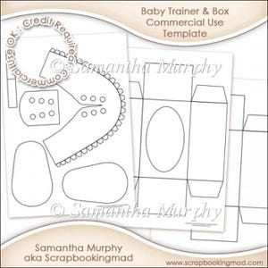 Peut inclure: Deux modèles de papier blanc pour un entraîneur et une boîte pour bébé, avec des contours pour la coupe et l'assemblage. Le texte "Baby Trainer & Box Commercial Use Template" est en haut. Le nom "Samantha Murphy aka Scrapbookingmad" est en bas.