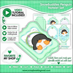 May include: A Snowbuddies Penguin Notelet Set featuring printable templates with a penguin illustration, snowflakes, and lined writing areas. The set includes a video tutorial, decorative borders in shades of mint green, and instructions for printing, cutting, folding, and gluing to create custom stationery.